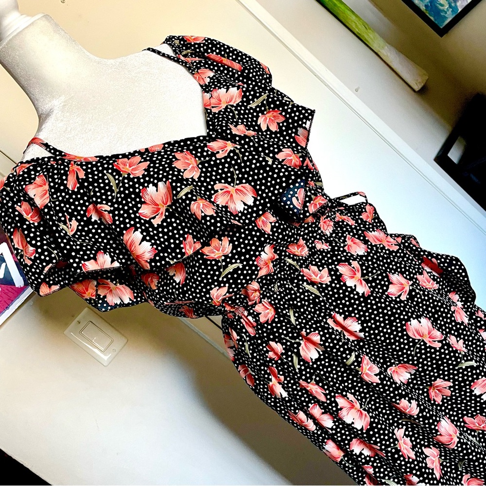 blush floral polka dot print faux wrap look dress flowy off the shoulder sleeves